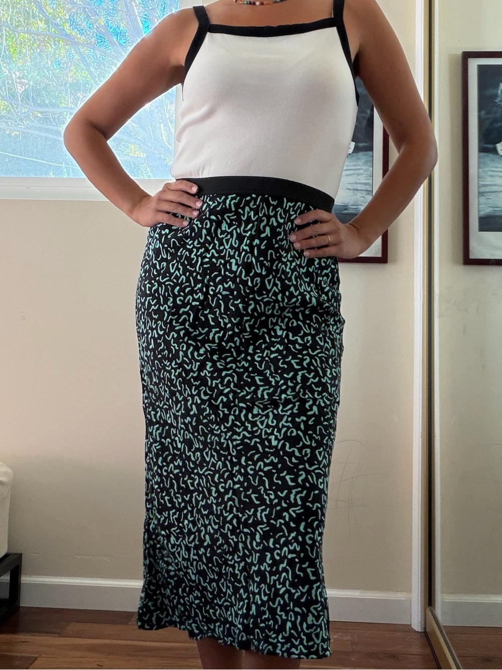 ASOS Collusion Black and Mint Printed Elastic Waistband Midi Skirt